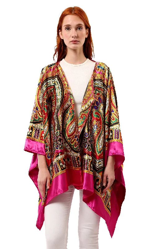 O182852 Loose Stain Cardigan With Colorful Patterns - Fuchsia & Yellow Knit Fabric Woven Fabric Fleece Fabric O182852 Loose Stain Cardigan With Colorful Patterns - Fuchsia & Yellow Knit Fabric Woven Fabric Fleece Fabric