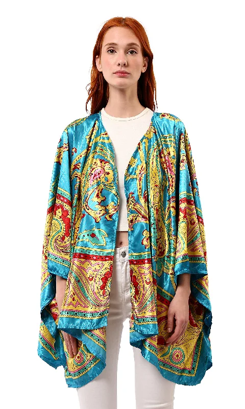 O182856 Slip On Open Neckline Stain Cardigan - Turquoise & Yellow Plaid Cardigan Polka Dot Checkered