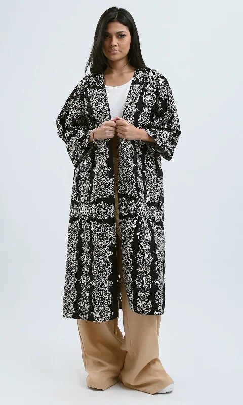 O189399 Black & White Slip On Loose Fit Patterned Cardigan Silk Blend Satin Velvet