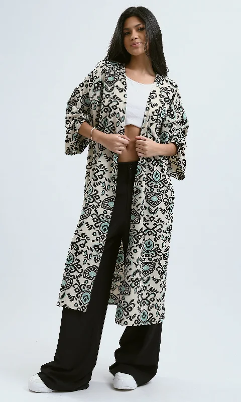 O190342 Mint & Beige Patterned Slip On Cardigan Anti-Pilling Anti-Shrink Durable