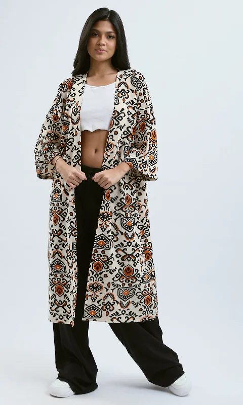 O190343 3/4 Sleeves Loose Fit Patterned Cardigan - Orange & Beige Casual Formal Business O190343 3/4 Sleeves Loose Fit Patterned Cardigan - Orange & Beige Casual Formal Business