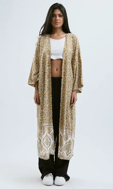 O190346 Dark Camel & White Lightweight Slip-On Cardigan Cardigan Knitwear Sweater