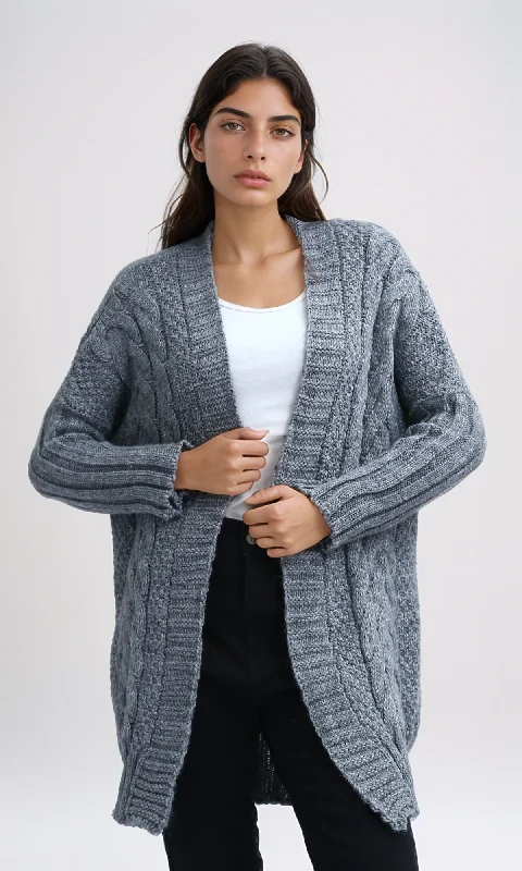 O192843 Acrylic Long Sleeves Trendy Knitted Cardigan - Heather Light Grey Elasticated Padded Insulated O192843 Acrylic Long Sleeves Trendy Knitted Cardigan - Heather Light Grey Elasticated Padded Insulated