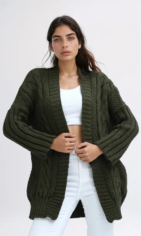 O192844 Regular Fit Knitted Khaki Cardigan Notch Collar Peter Pan Collar Cowl Neck