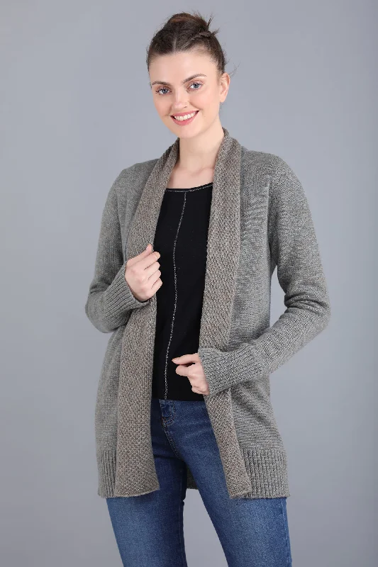 Open Front Grey Melange Cashmere Cardigan Zippered Front Buttoned Front Snap Front