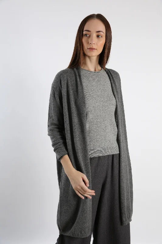 Pure Cashmere Tunic Cardigan - Grey Ribbed Striped Patterned
