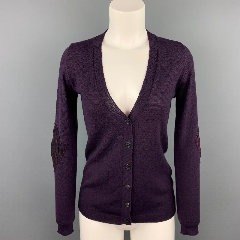 PERESTESO Size 6 Purple Knitted Argyle Virgin Wool Blend Cardigan Solid Color Striped Floral Print PERESTESO Size 6 Purple Knitted Argyle Virgin Wool Blend Cardigan Solid Color Striped Floral Print