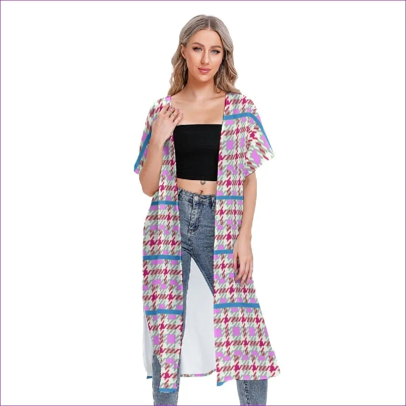 Pink Houndstooth Womens Short Sleeve Cardigan Iron Safe Non-Iron Wrinkle Free
