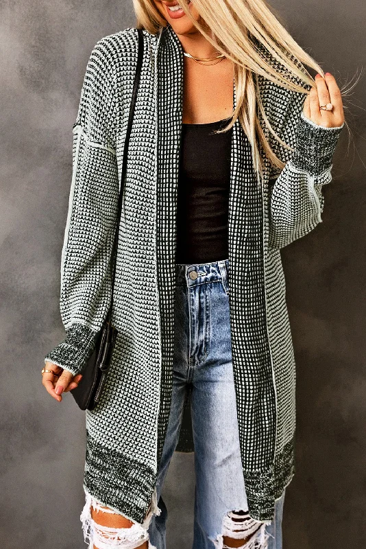 Plaid Knitted Long Open Front Cardigan Chenille Brocade Lace
