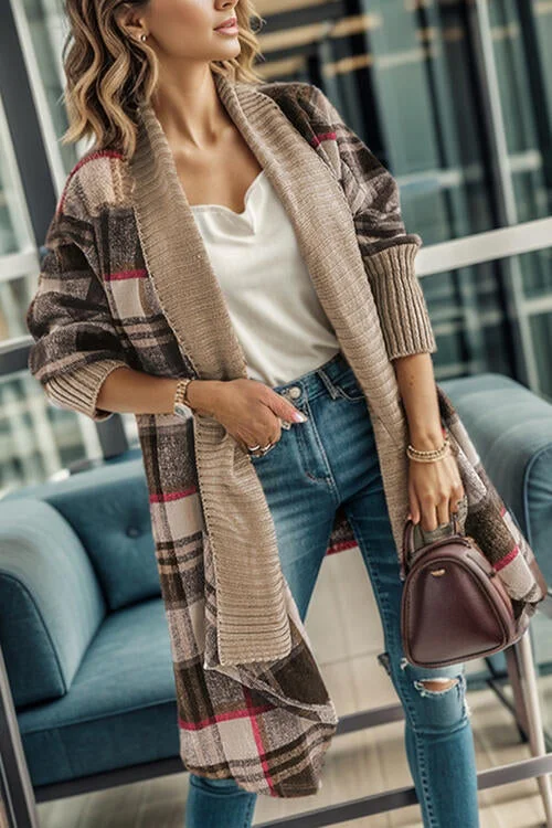 Plaid Open Front Long Sleeve Cardigan Chenille Fabric Brocade Fabric Lace Fabric