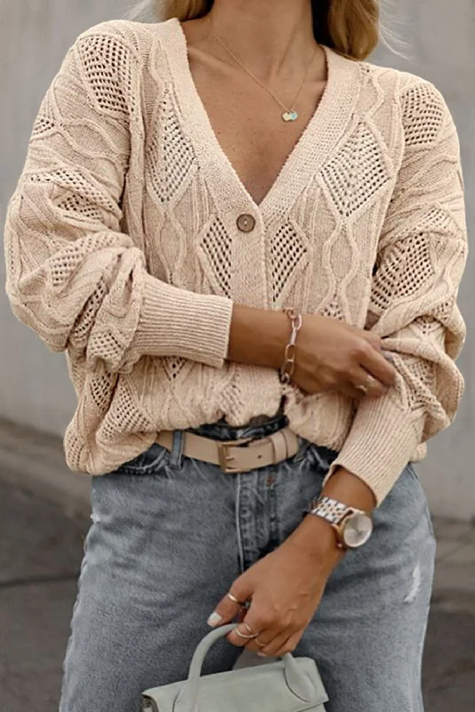Plus Size Knitted Hollow out Button up Cardigan Stretchy Elastic Breathable
