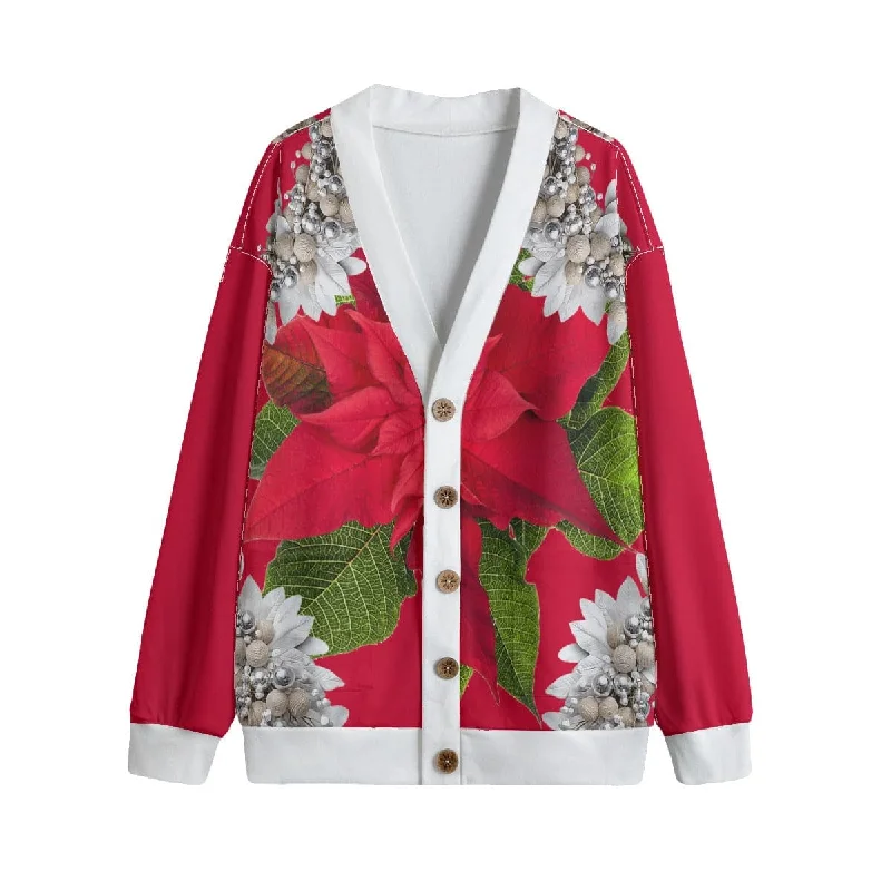 Poinsettias & Tinsel Unisex V-neck Hacci Fleece Christmas Cardigan Long Cardigan Short Cardigan Medium Cardigan Poinsettias & Tinsel Unisex V-neck Hacci Fleece Christmas Cardigan Long Cardigan Short Cardigan Medium Cardigan