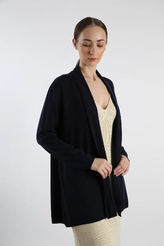 Pure Cashmere Draped Cardigan - Navy Satin Blend Silk Blend Wool Blend