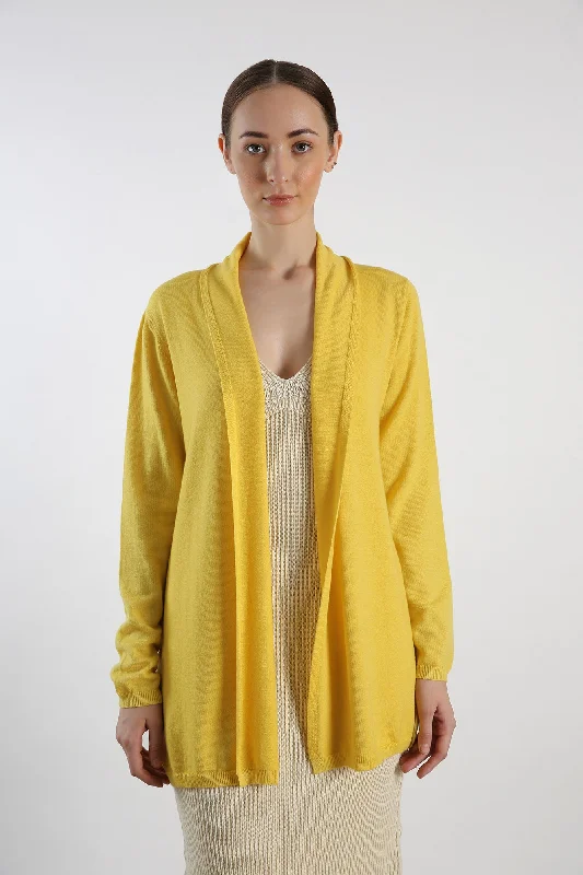 Pure Cashmere Draped Cardigan - Yellow Polka Dot Checkered Tartan