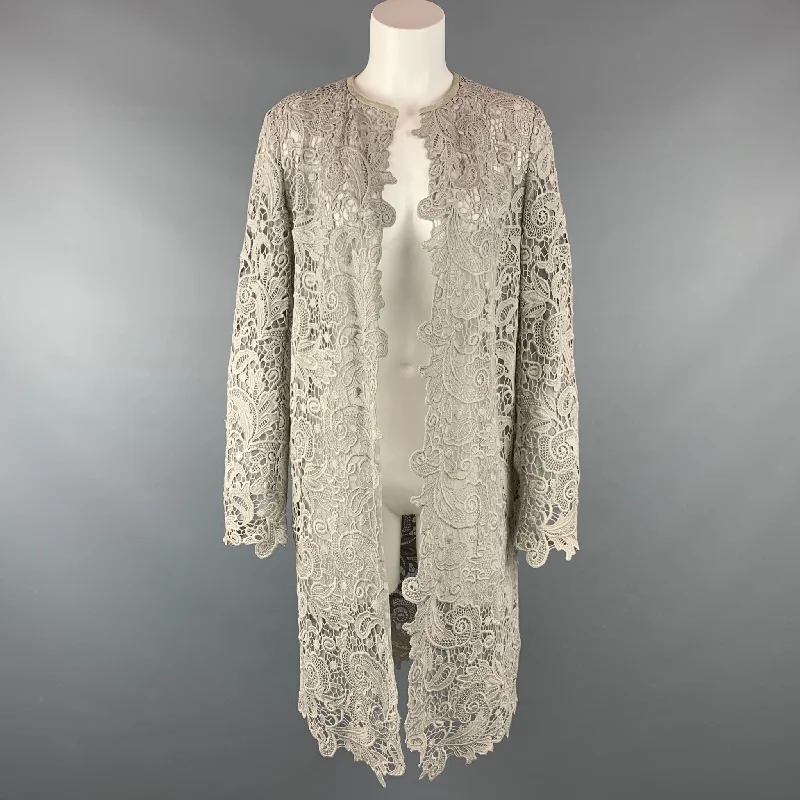 RALPH LAUREN Black Label Size 10 Light Gray Lace Textured Cotton Leather Trim Cardigan Fitted Slim Tailored RALPH LAUREN Black Label Size 10 Light Gray Lace Textured Cotton Leather Trim Cardigan Fitted Slim Tailored