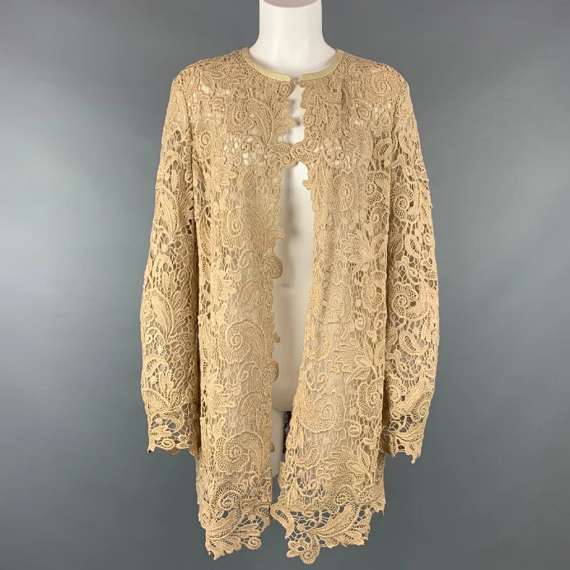 RALPH LAUREN Black Label Size 12 Beige Lace Textured Cotton Leather Trim Cardigan Transparent Opaque Sheer RALPH LAUREN Black Label Size 12 Beige Lace Textured Cotton Leather Trim Cardigan Transparent Opaque Sheer