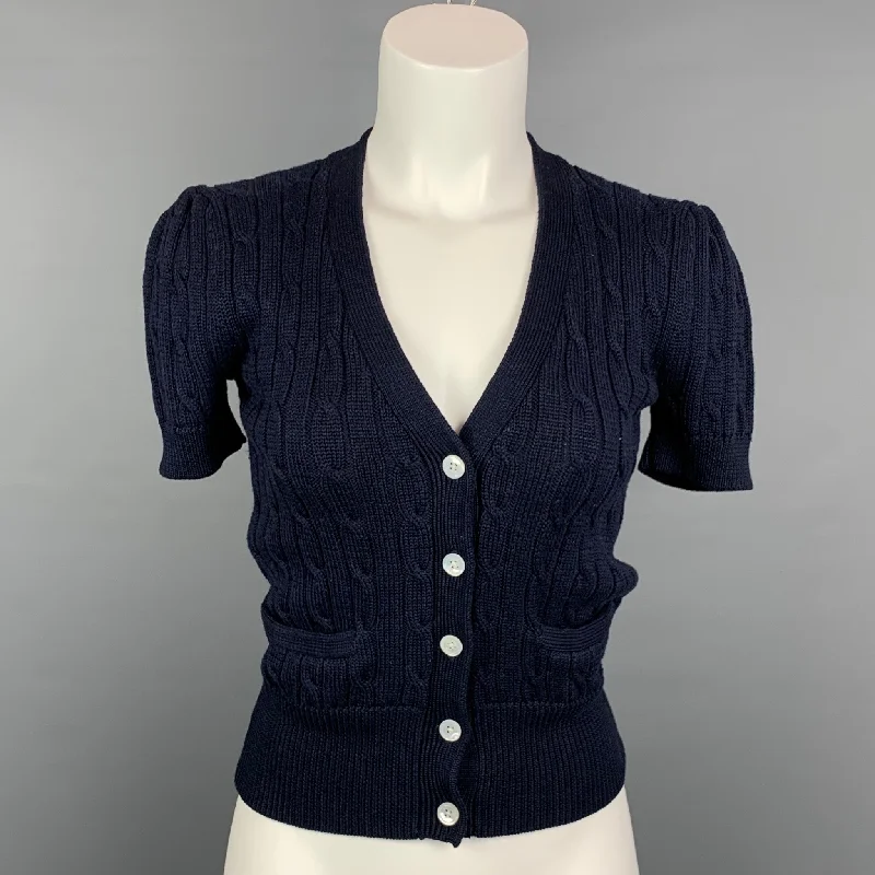 RALPH LAUREN Blue Label Size S Navy Knitted Cotton Short Sleeve Cardigan Herringbone Houndstooth Plaid RALPH LAUREN Blue Label Size S Navy Knitted Cotton Short Sleeve Cardigan Herringbone Houndstooth Plaid
