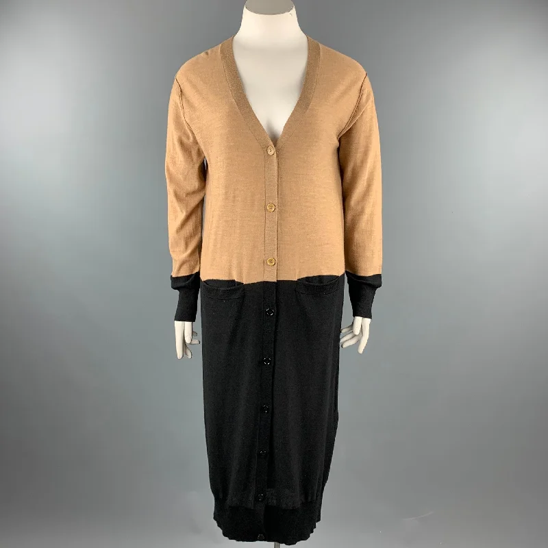 SONIA RYKIEL Size L Black / Beige Knitted Color Block Wool Cardigan Satin Blend Silk Blend Wool Blend SONIA RYKIEL Size L Black / Beige Knitted Color Block Wool Cardigan Satin Blend Silk Blend Wool Blend