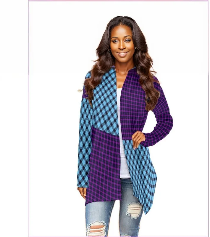 Tartan Women's Cardigan With Long Sleeve Herringbone Houndstooth Plaid