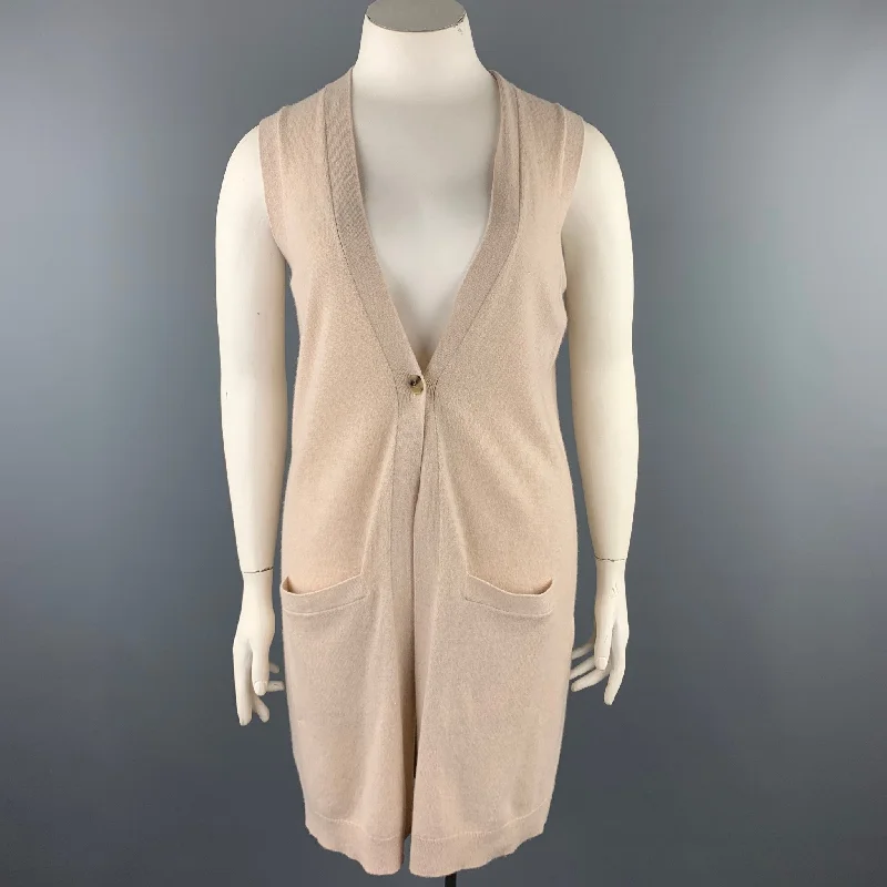 THEORY Size L Beige Knitted Cashmere Sleeveless Cardigan Sequined Glittery Shiny