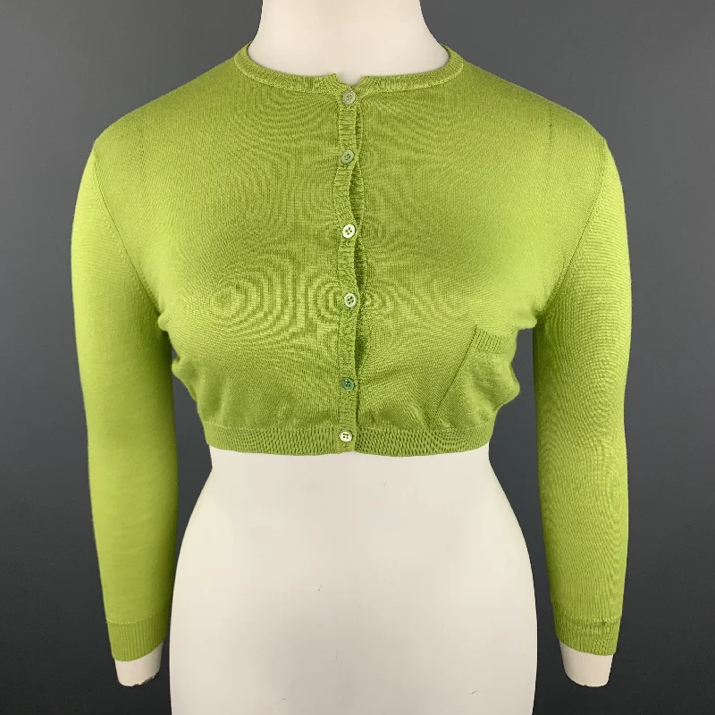 VALENTINO Size L Lime Green Wool Blend Cropped Cardigan Beaded Cardigan Sequined Faux Fur VALENTINO Size L Lime Green Wool Blend Cropped Cardigan Beaded Cardigan Sequined Faux Fur