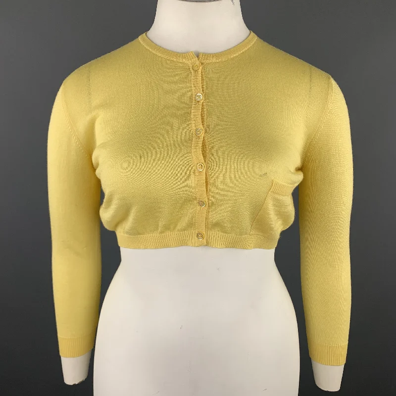 VALENTINO Size L Pastel Yellow Wool Blend Cropped Cardigan Silk Blend Satin Velvet