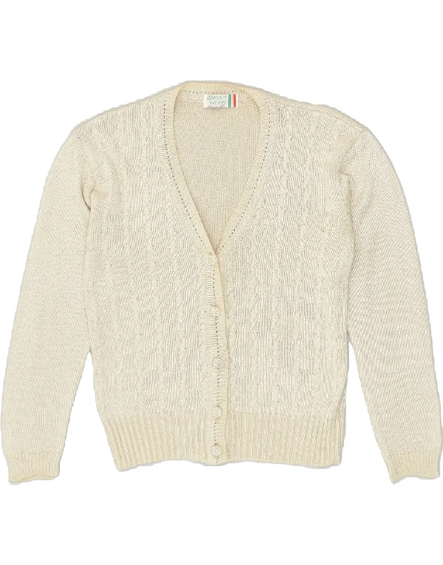 VINTAGE Womens Cardigan Sweater UK 14 Large Beige Cotton Glossy Satin Silk