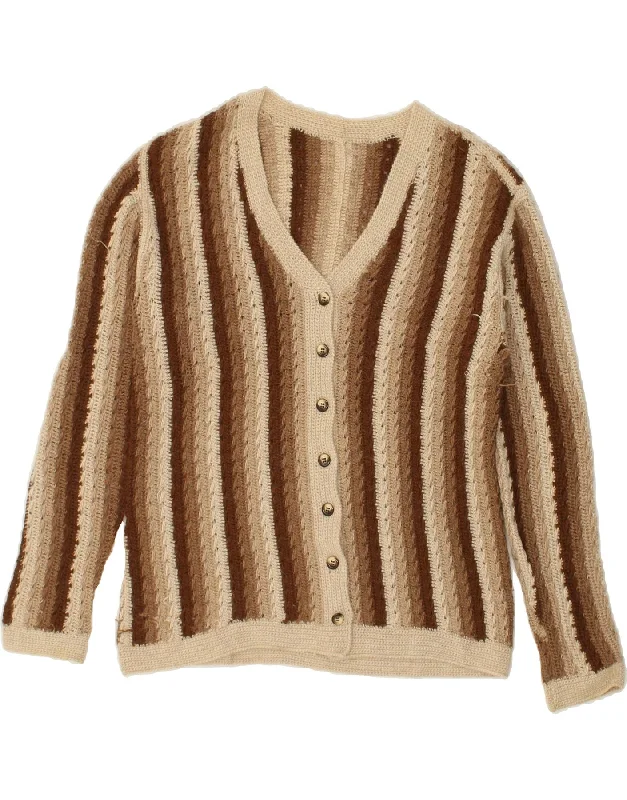 VINTAGE Womens Cardigan Sweater UK 14 Large Brown Striped Thin Thick Dense