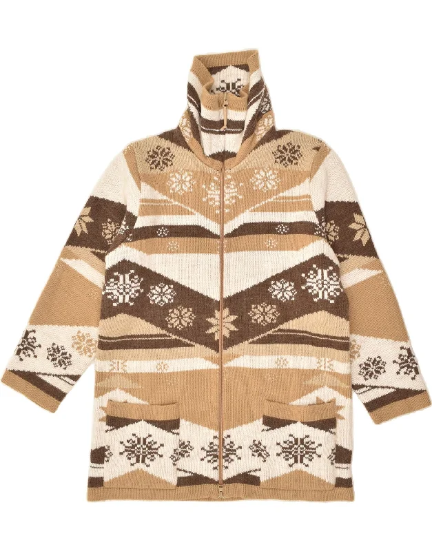 VINTAGE Womens Cardigan Sweater UK 16 Large Beige Fair Isle Aztec Striped Floral Plaid
