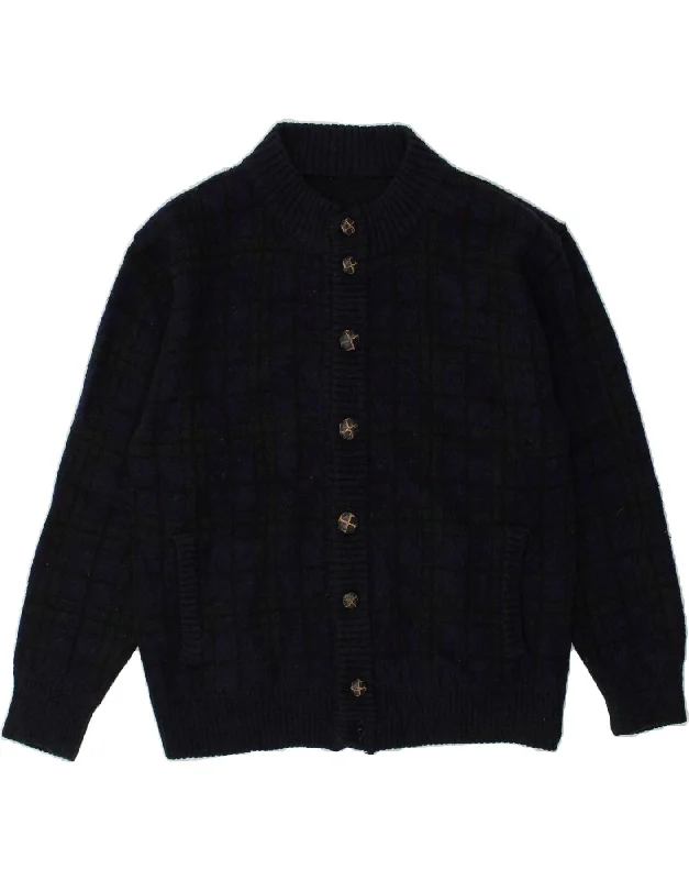 VINTAGE Womens Cardigan Sweater UK 18 Large Navy Blue Check Wool Hooded Caped Shawl Collar VINTAGE Womens Cardigan Sweater UK 18 Large Navy Blue Check Wool Hooded Caped Shawl Collar