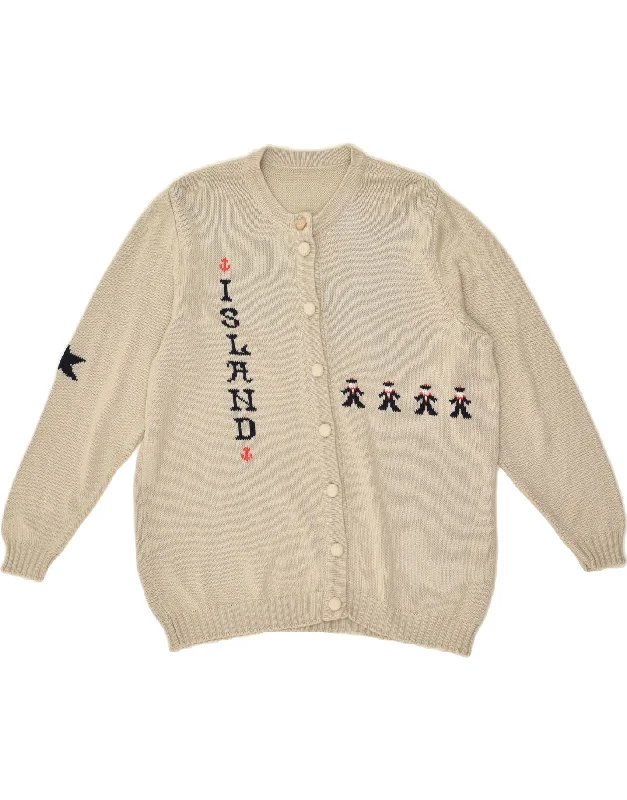 VINTAGE Womens Graphic Cardigan Sweater UK 16 Large Grey Cotton Polka Dot Checkered Tartan