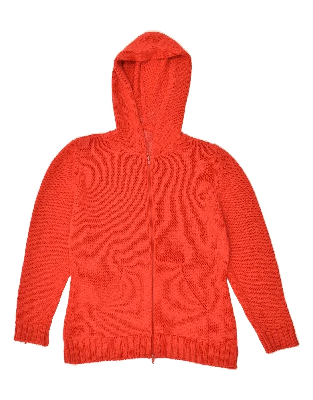 VINTAGE Womens Hooded Cardigan Sweater UK 14 Medium Red Cotton Houndstooth Herringbone Solid