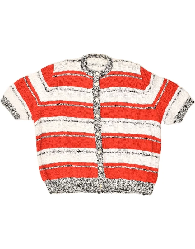 VINTAGE Womens Short Sleeve Cardigan Sweater UK 22 3XL Red Striped Mesh Blend Leather Blend Suede Blend