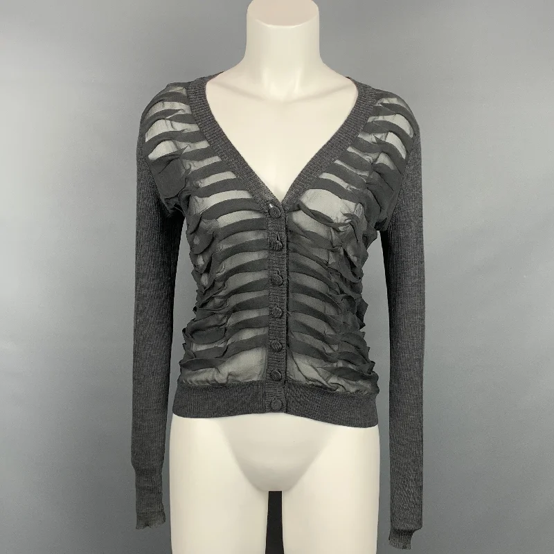 WORTH Size S Grey Ribbed Wool / Silk Buttoned Cardigan Glossy Satin Silk