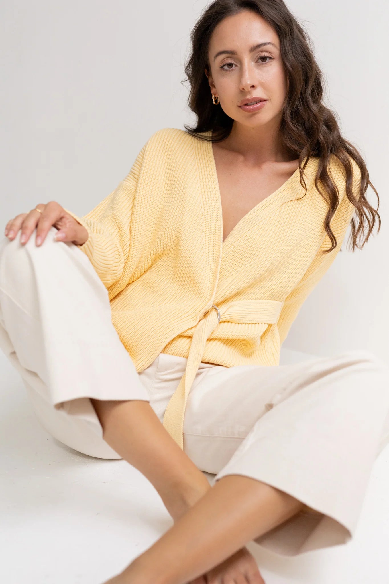 Wrap-around Cardigan Yellow Front Pockets Side Pockets Patch Pockets