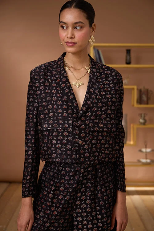 Okhai "Black Agate" Handblock Printed Chanderi Silk Ajrakh Blazer Women's Vacation Suit Okhai "Black Agate" Handblock Printed Chanderi Silk Ajrakh Blazer Women's Vacation Suit