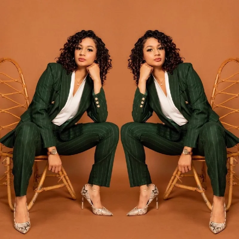 Women Blazer Suits Green Stripes Custom Made Evening Party Formal Birthday Work Wear 2 Pieces Plus Size Women's Coat
