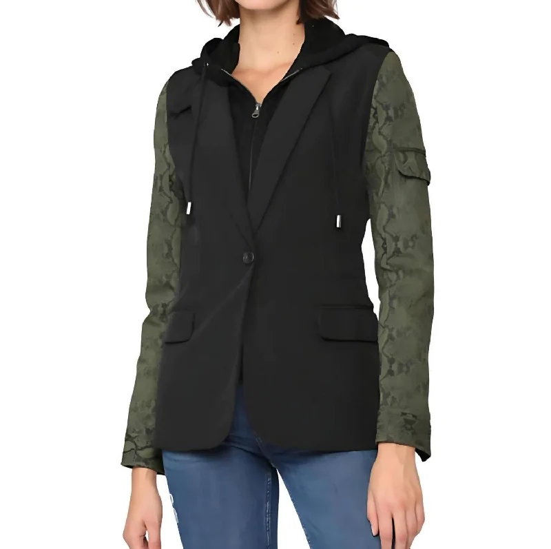 Hooded Blazer In Olive/black Women's Elegant Jacket