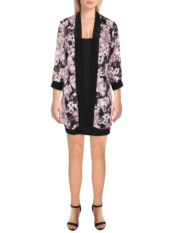 Petites Womens Chiffon Floral Duster Blazer Women's Casual Suit