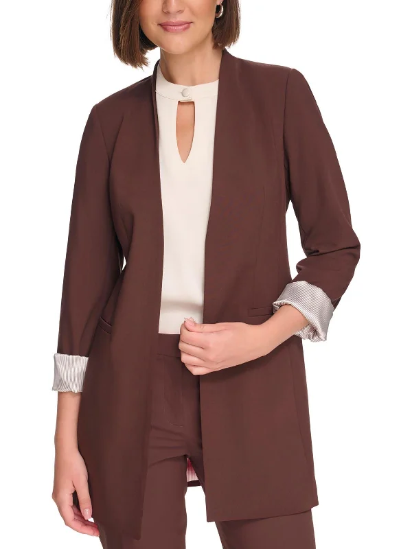 Petites Womens Crepe Long Open-Front Blazer Women's Banquet Suit