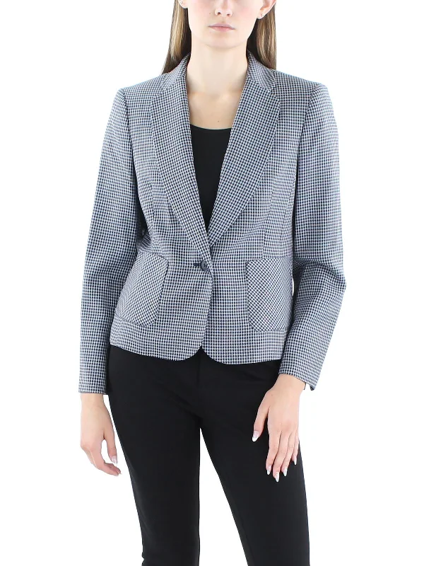 Petites Womens Houndstooth Notch Collar One-Button Blazer Women's Trendy Blazer