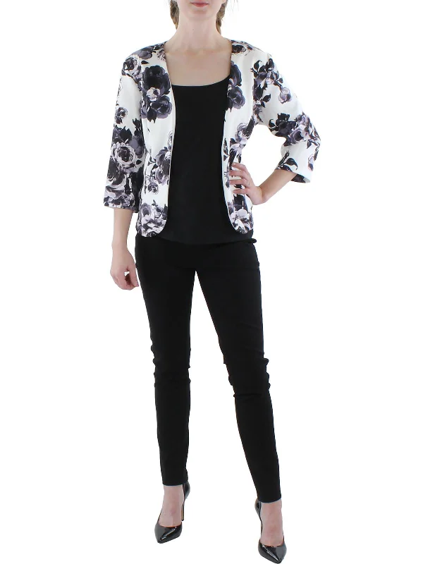 Petites Womens Knit Floral Collarless Blazer Women's Classic Blazer