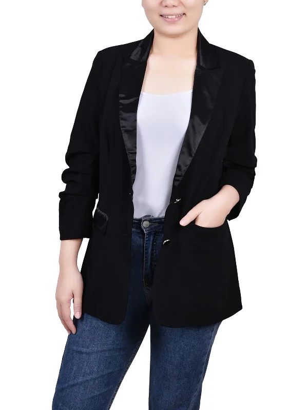 Petites Womens Satin Trim Trendy Two-Button Blazer Women's Daily Blazer