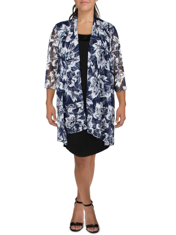 Plus Womens Mesh Printed Duster Blazer Slim Fit Blazer
