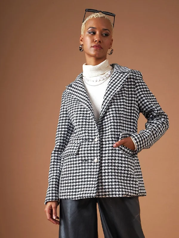 Women Black Geo Jacquard Tweed Double Breasted Blazer Women's Trendy Jacket