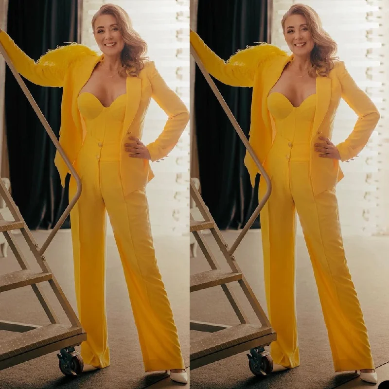 Yellow Women Blazer Pant Suits Set Feather Office Ladies Leisure Business Custom Made Formal Outfit 2 Pieces Women's Simple Jacket Yellow Women Blazer Pant Suits Set Feather Office Ladies Leisure Business Custom Made Formal Outfit 2 Pieces Women's Simple Jacket