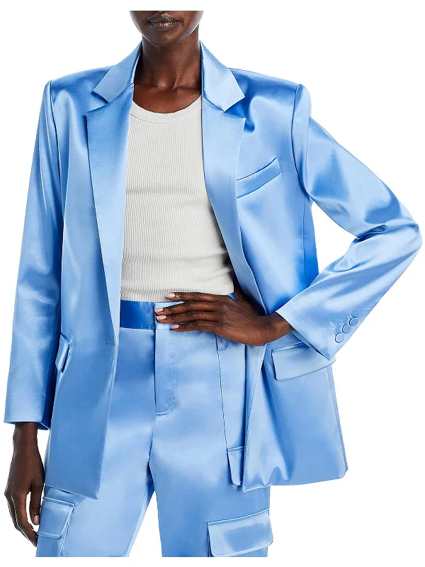 Womens Padded Shoulder Shimmer One-Button Blazer Women's Navy Jacket