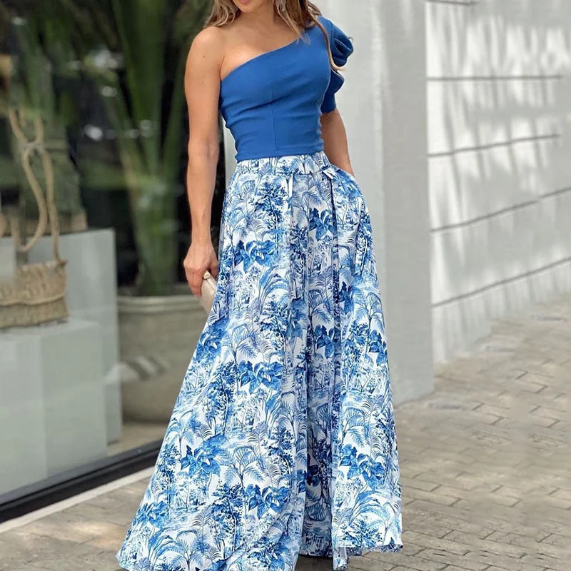 2022 New Fashion Women Floral Printing One Shoulder Tank Top and Maxi Skirt 2 Piece Set Dress Suit bold tank top