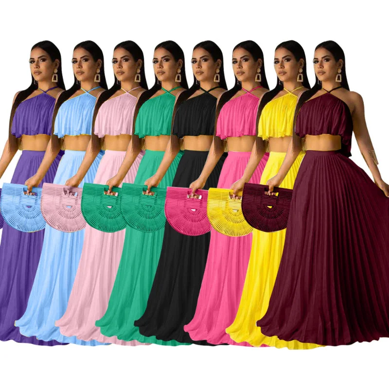 2023 Summer Bohemian Dress 2 Piece Set Casual Women Clothing Crop Tank Top Maxi Long Pleated Flowy Skirt Two Piece Skirts Set sexy tank top