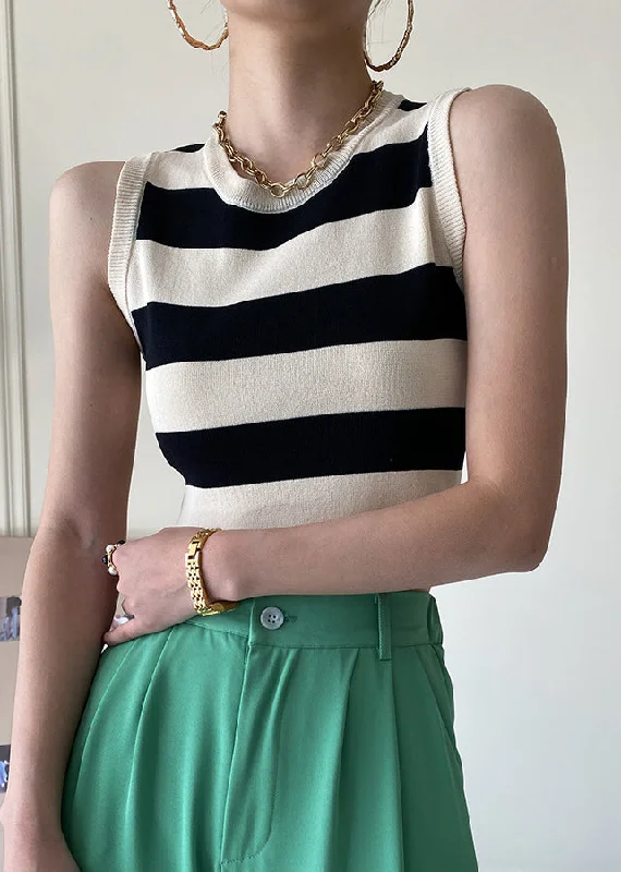 Black Striped Cozy Knit Tank O Neck Summer slim fit tank